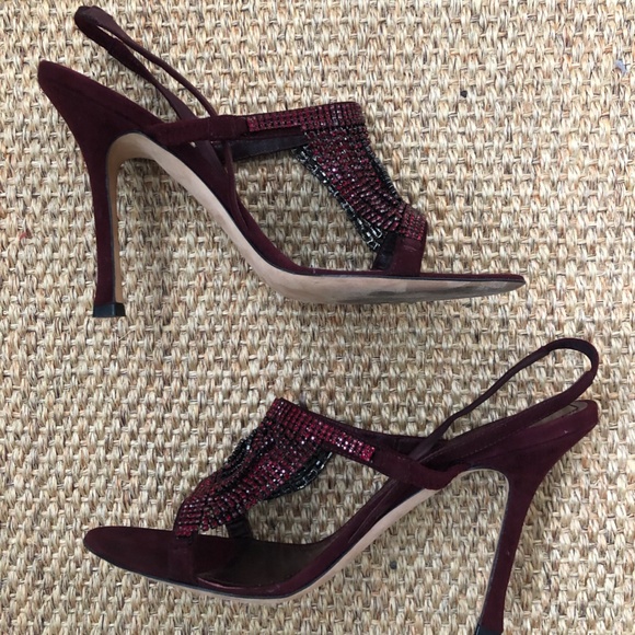 Manolo Blahnik Fringestro Wine Burgundy Crystals Jeweled Heels - Picture 2 of 3
